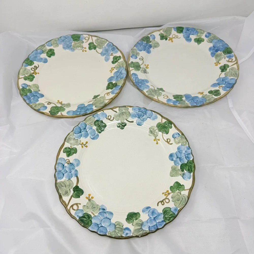 3 Metlox Poppytrail Sculptured Grape Dinner Plates Blue Hand Painted 10.5